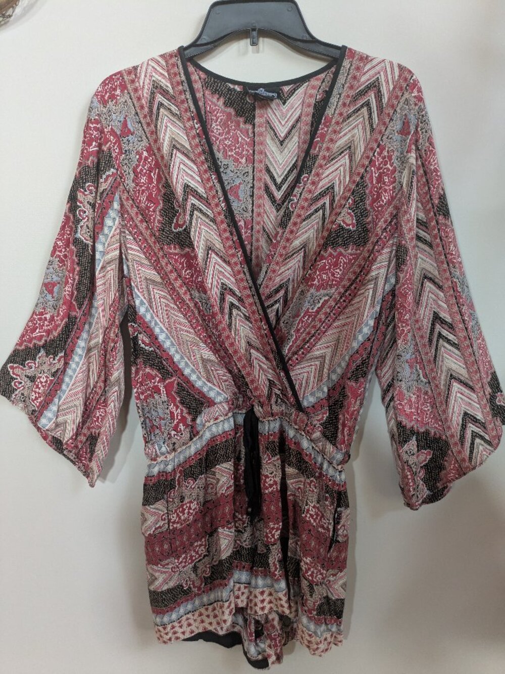 angie romper with pockets bohomian design bell sleeves brown red tan size L #463